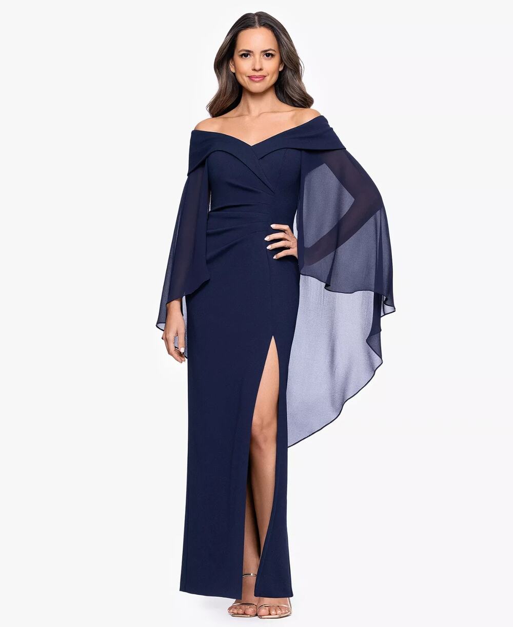 XSCAPE Off-The-Shoulder Cape Dress Navy Size 12 3805